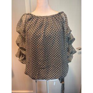CeCe Geometric Ruffle Sleeve Blouse | Black & Ivory | Size L | Statement Top